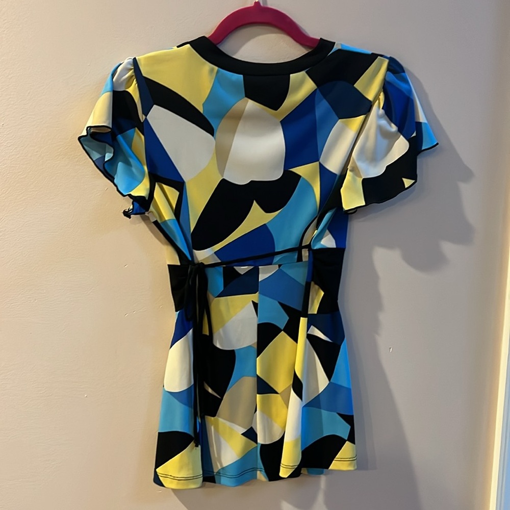 AB Studios Size Small Cap Sleeve Blouse with tie Waist Yellow/Black/Blue/Cream - Picture 5 of 5